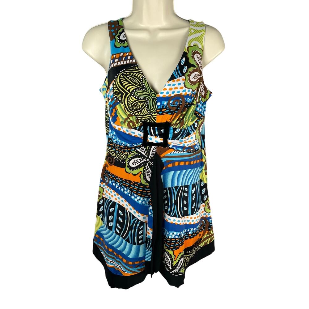 Frank Lyman Top 6 Art-to-wear Hanky Hem V-neck Retro Artsy‎ Bright Travel Knit